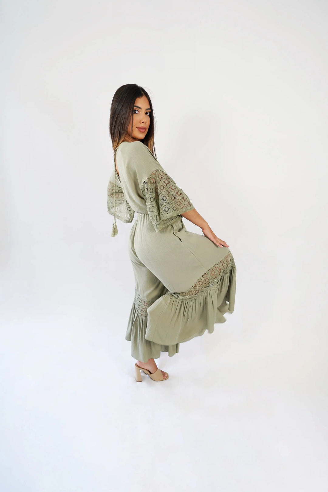 Desert Dreams Lace Jumpsuit in Cactus - Southern Peach 