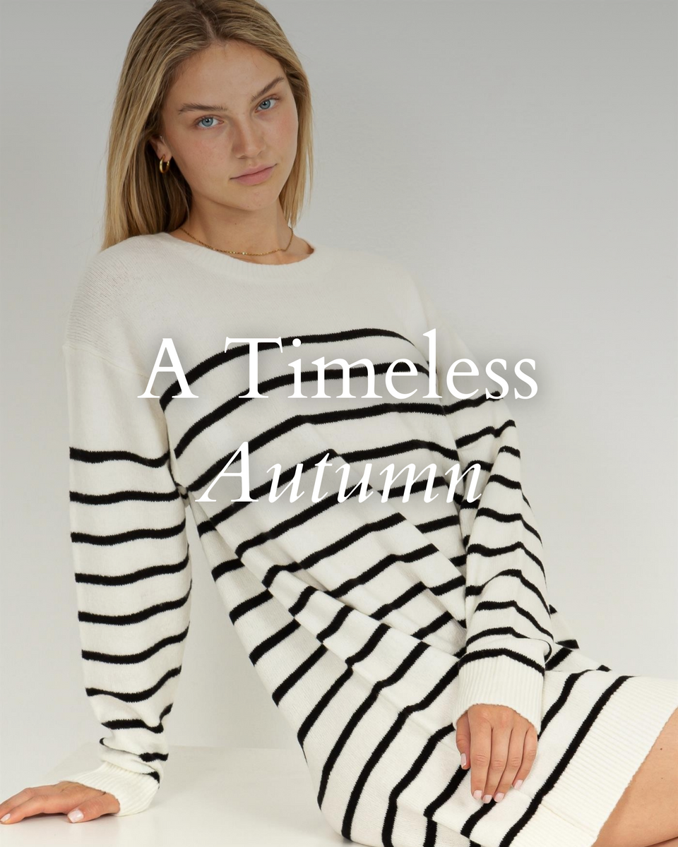 A Timeless Autumn Collection Showcasing the casually chic striped sweater dress.