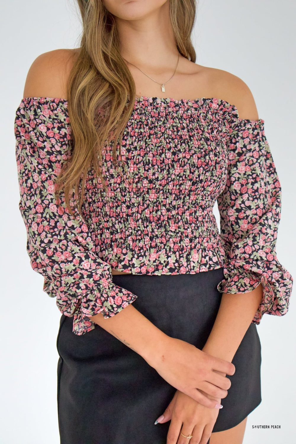 Floral Smocked Cropped Top - Southern Peach - 