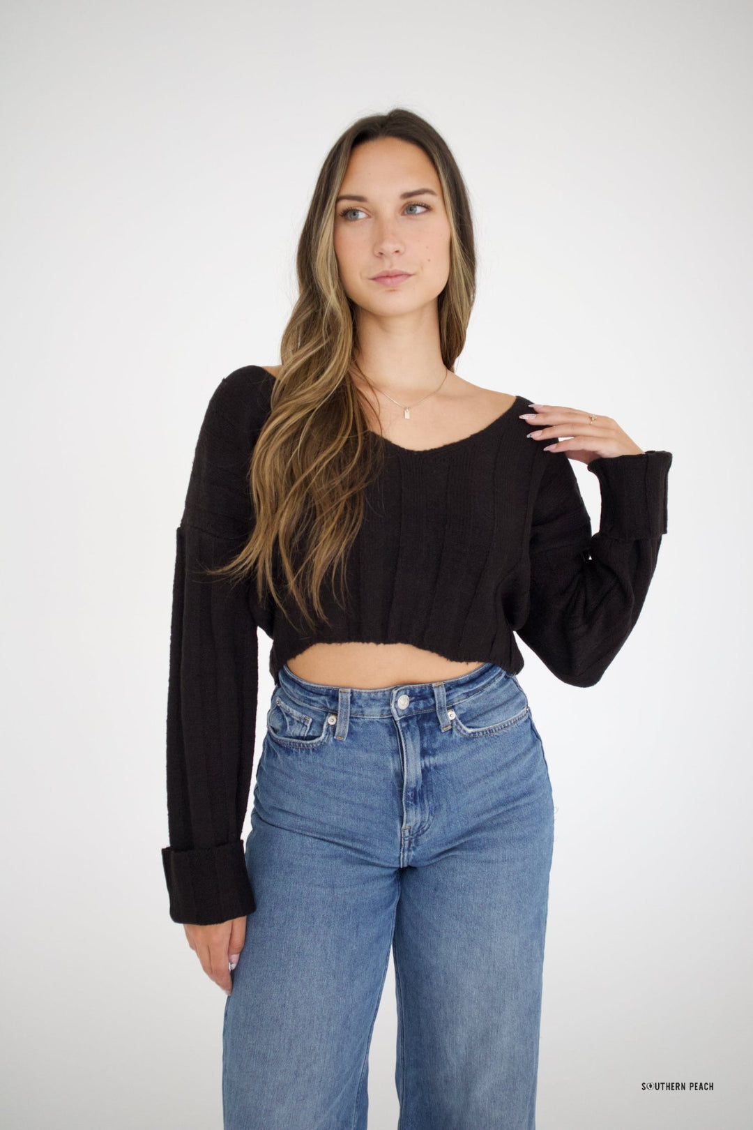 Marisol Sweater Crop Top Pullover - Southern Peach - 