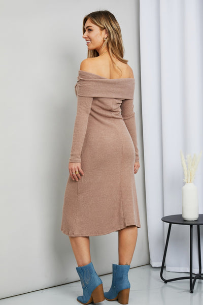 Button Detail Off-Shoulder Sweater Dress (S) - Southern Peach 