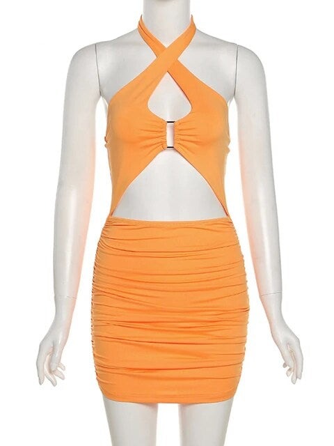 Low Cut Orange Halter Dress (M) - Southern Peach 
