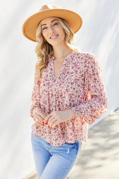 Pleated Detail Notched Lantern Sleeve Blouse (S) - Southern Peach 