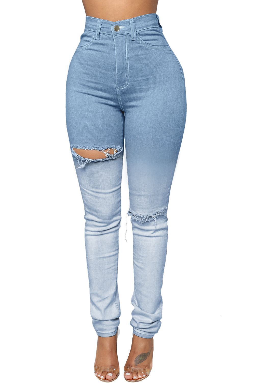 Gradient Color Slim-fit Distressed High Rise Jeans (S-XL) - Southern Peach 