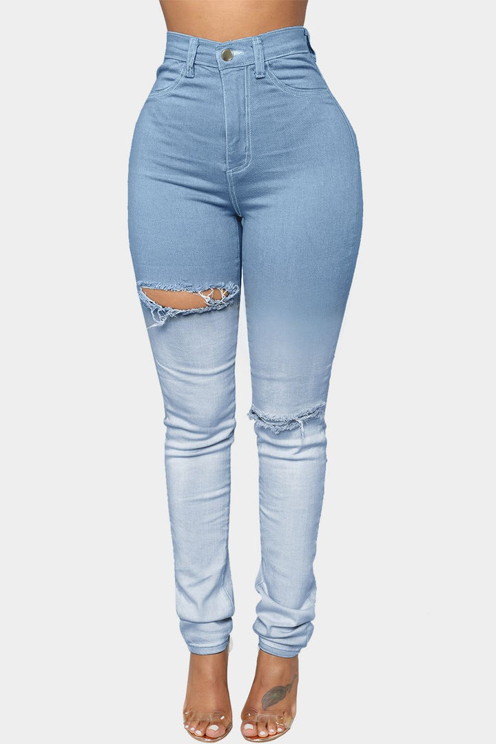 Gradient Color Slim-fit Distressed High Rise Jeans (