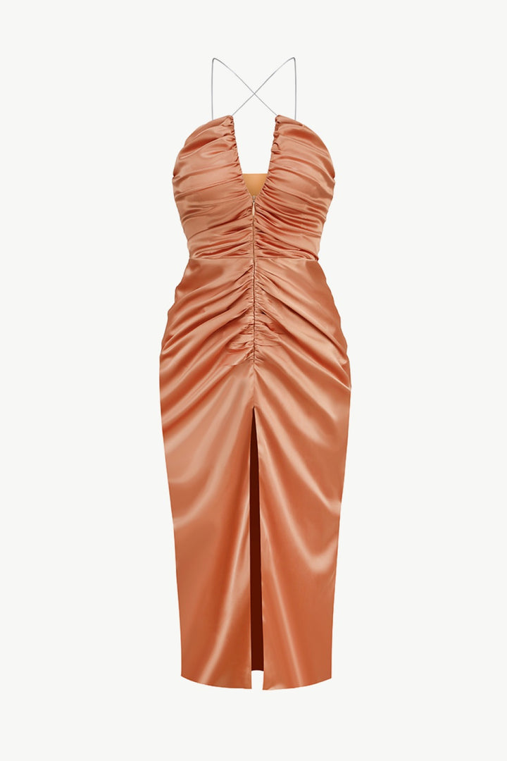 Ruched Zip Detail Spaghetti Strap Split Dress (M) - Southern Peach 